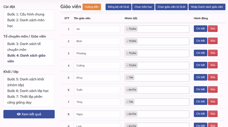 Thiết lập giáo viên cho tkb